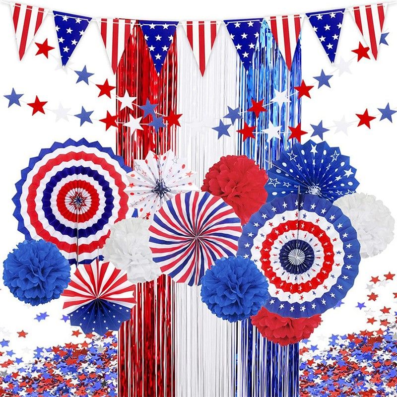 4th of july party decorations pompoms paper fans sra=tar garland and confetti