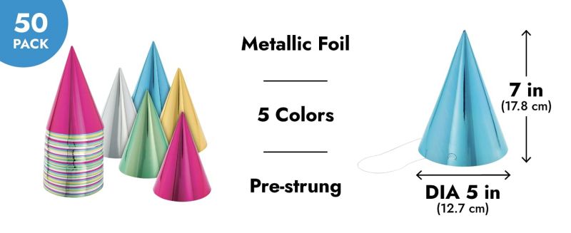 50 Pack Cone Birthday Party Hats for Kids and Adults, Bulk Set in 5 ...