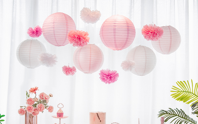 Pink Paper Lanterns and Tissue Flower Pompoms