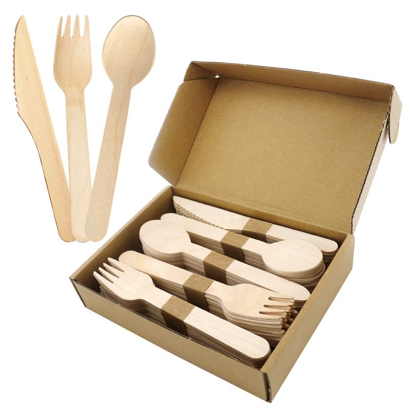 Wooden Compostable Utensils Set 3) Sturdy Wood Disposable Cutlery EcoFriendly Biodegradable