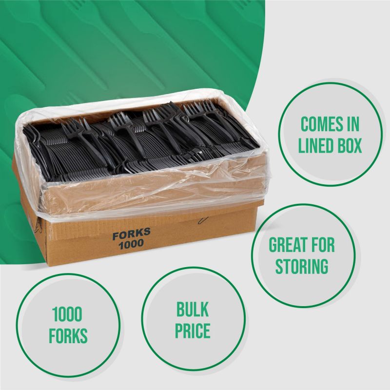 1,000 Plastic Disposable Forks Bulk Black Medium Weight Disposable