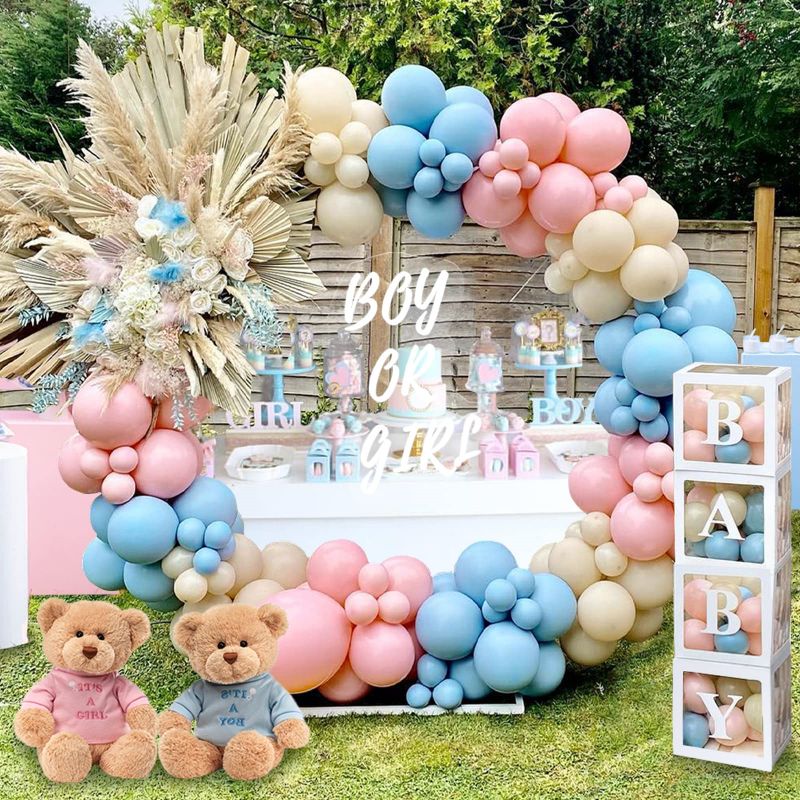 gender recveal pool party with gift boxes