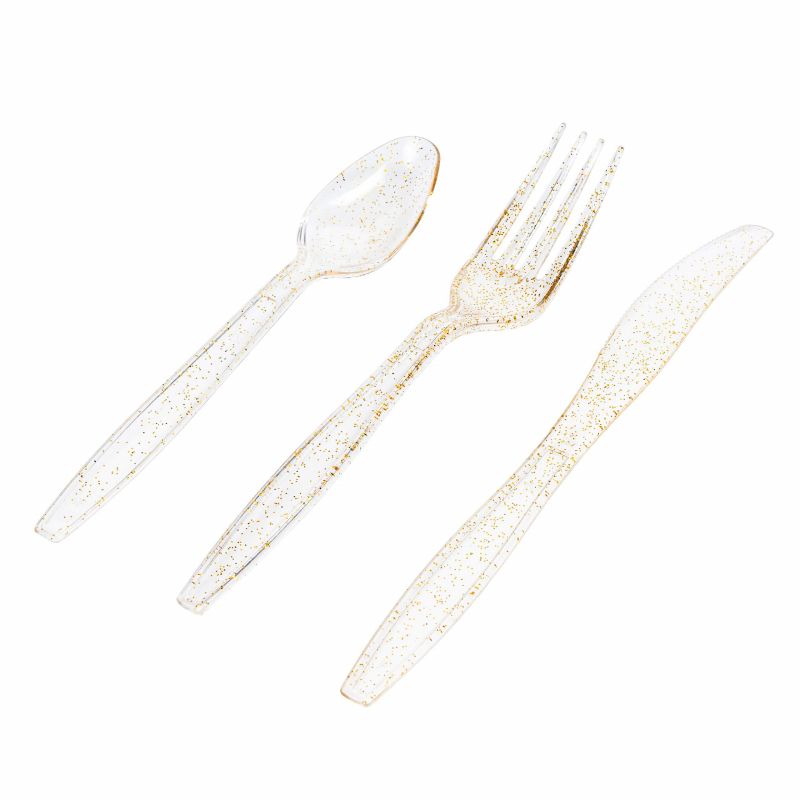 Gold Glitter Plastic Silverware Set Heavy Duty Clear Plastic Cutlery