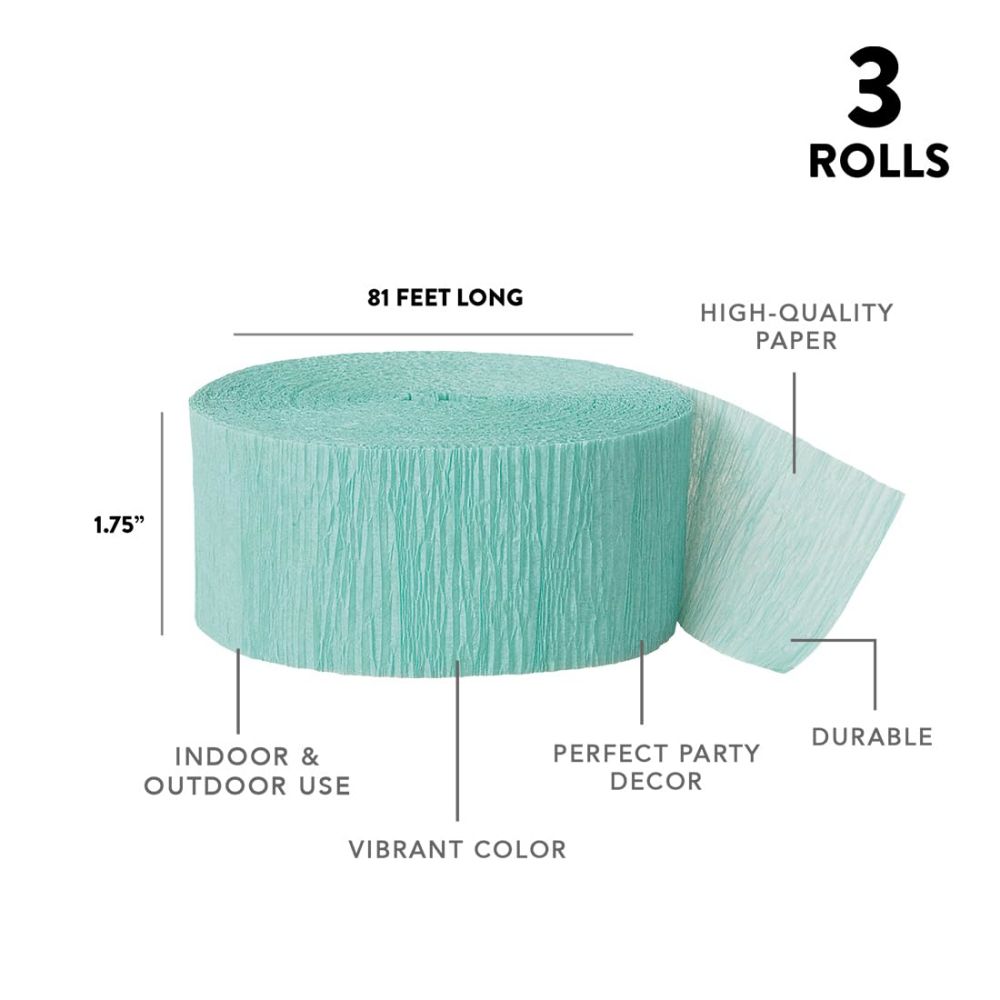 size information and details for Seafoam Mint Green crepe paper streamer decorations