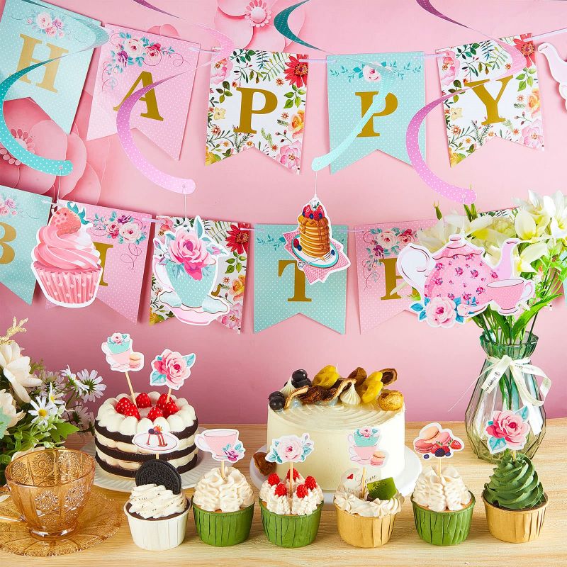 Tea Happy Birthday Banner - Tea Party Hanging Swirls Decorations - Tea