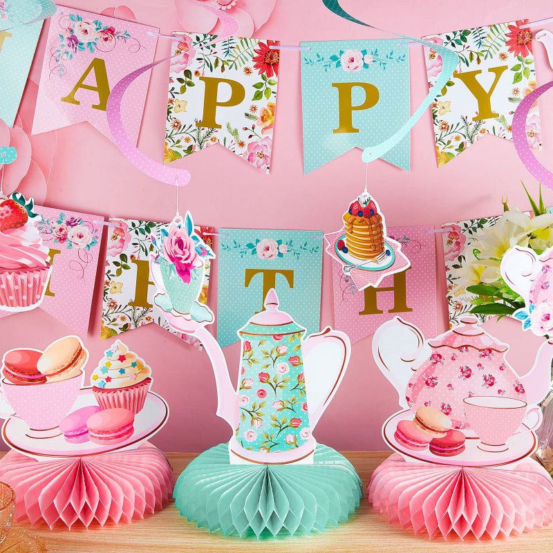 Tea Happy Birthday Banner Tea Party Hanging Swirls Decorations Tea Party Supplies for Kids