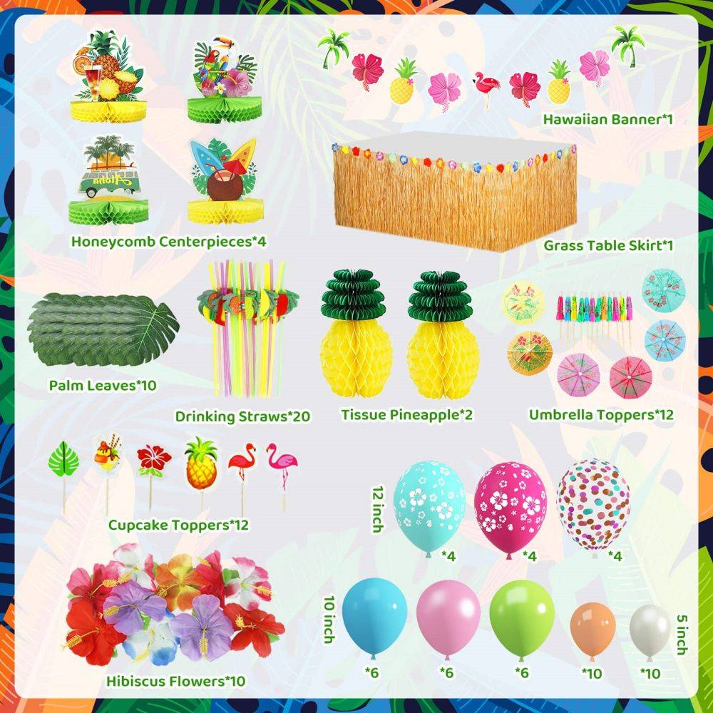 126Pcs Tropical Aloha Summer Beach Birthday Supplies