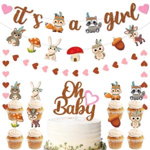 Baby Girl Birthday Party Banner, Cake Toppers Kit