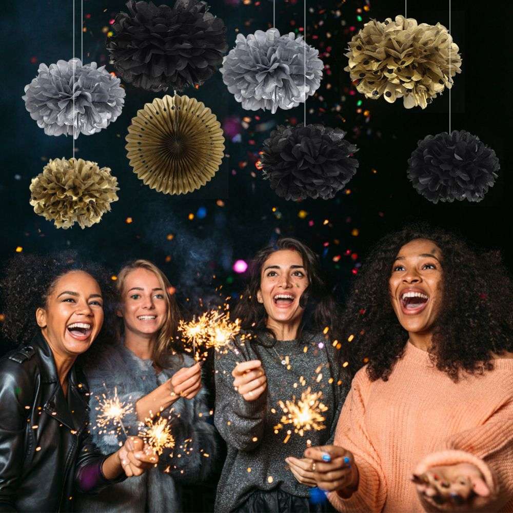 Black Pack of 8 Pompoms Gold Paper Fan Decorations for adult party celebration