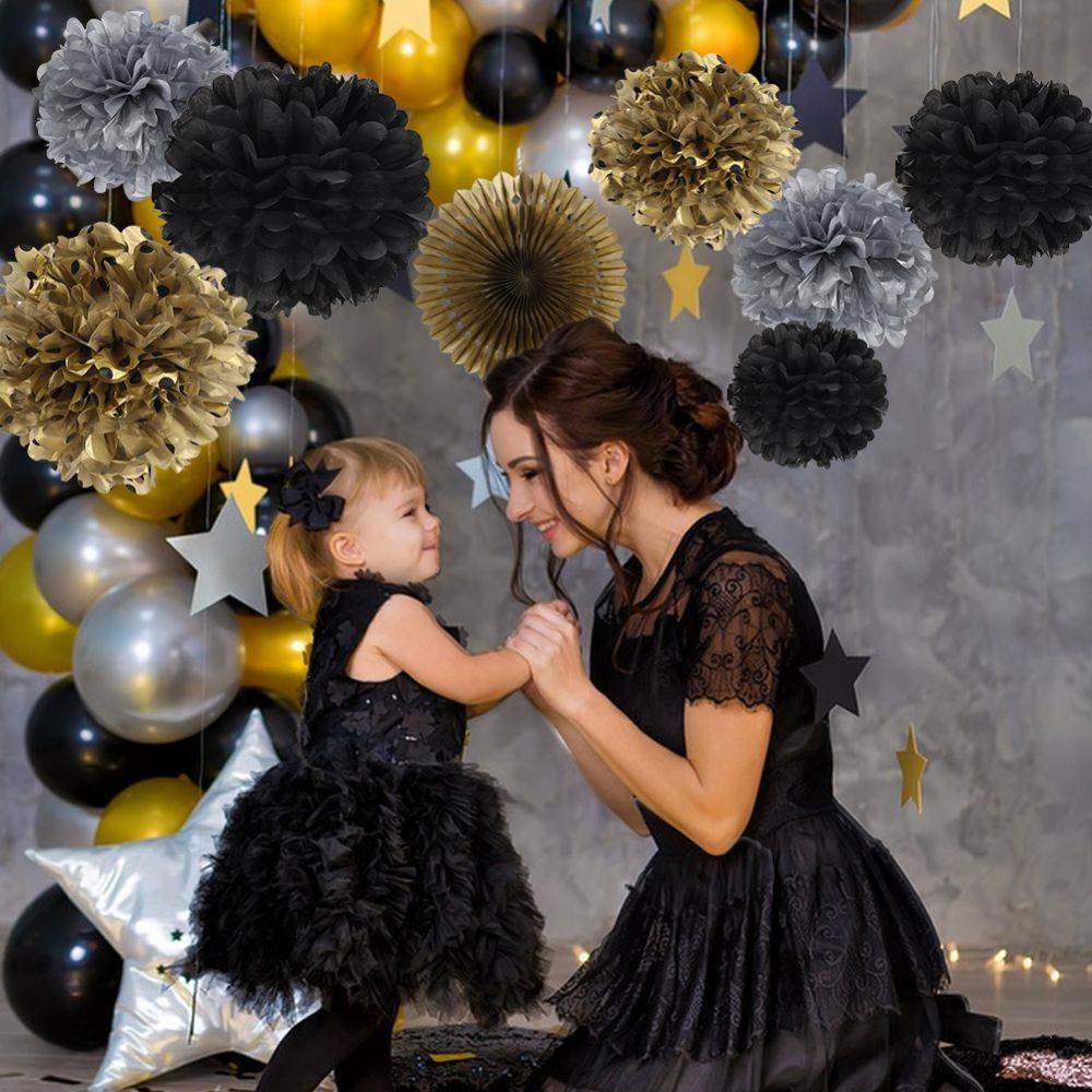 Black Pack of 8 Pompoms Gold Paper Fan Decorations for babyshower or 1st birthday party