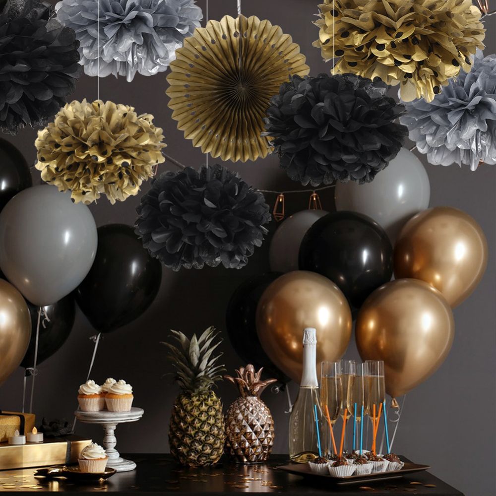 Black Pack of 8 Pompoms Gold Paper Fan Decorations with balloons