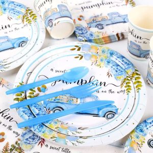 Blue Little Pumpkin baby shower paper plates with bule cutlery