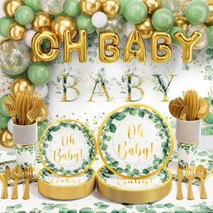 Boho Greency Party Supplies with Paper Plate Napkin Cup Cutlery & Tablecloth
