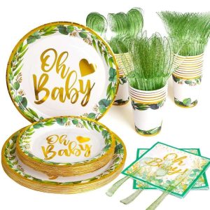Boho Neutral Disposable Dinnerware Set Sage Greenery Baby Shower Party Supplies