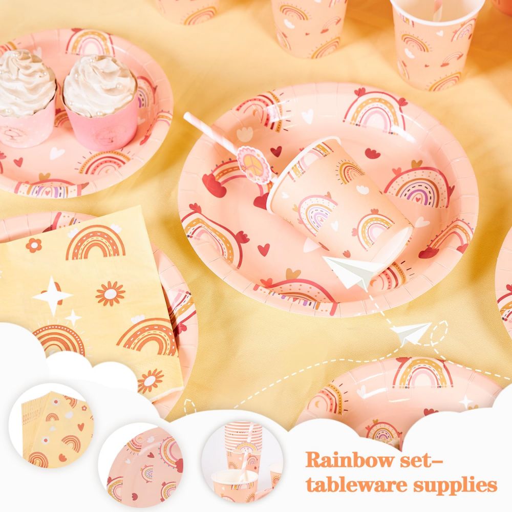 Boho Rainbow Party Tableware Set with plates, straws and cups
