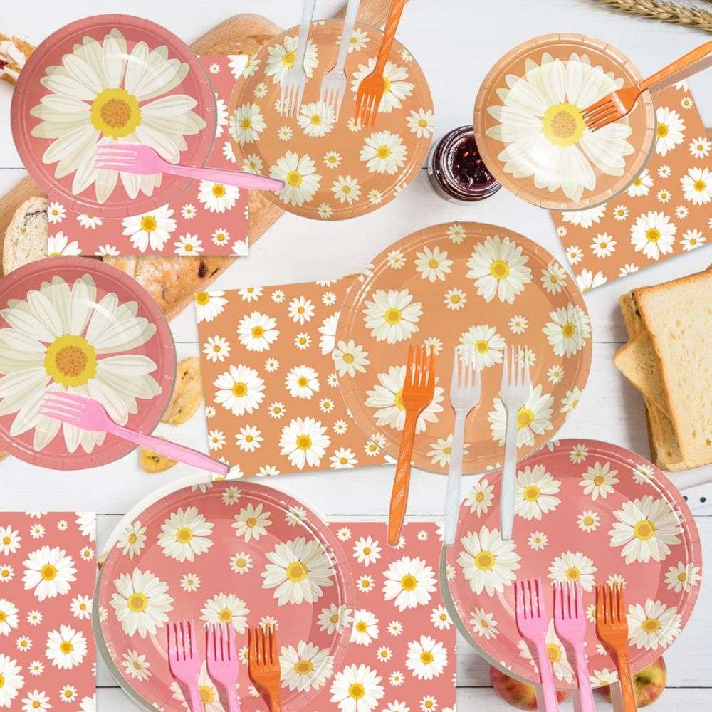 Daisy Flower Party Supplies Tableware Set with Plates, Napkins and Forks