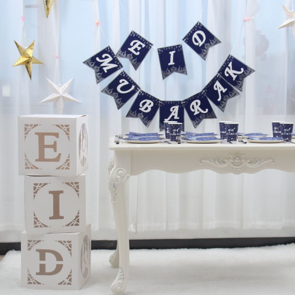 EID paper box centerpieces with Eid Mubarak Banner for Celebration