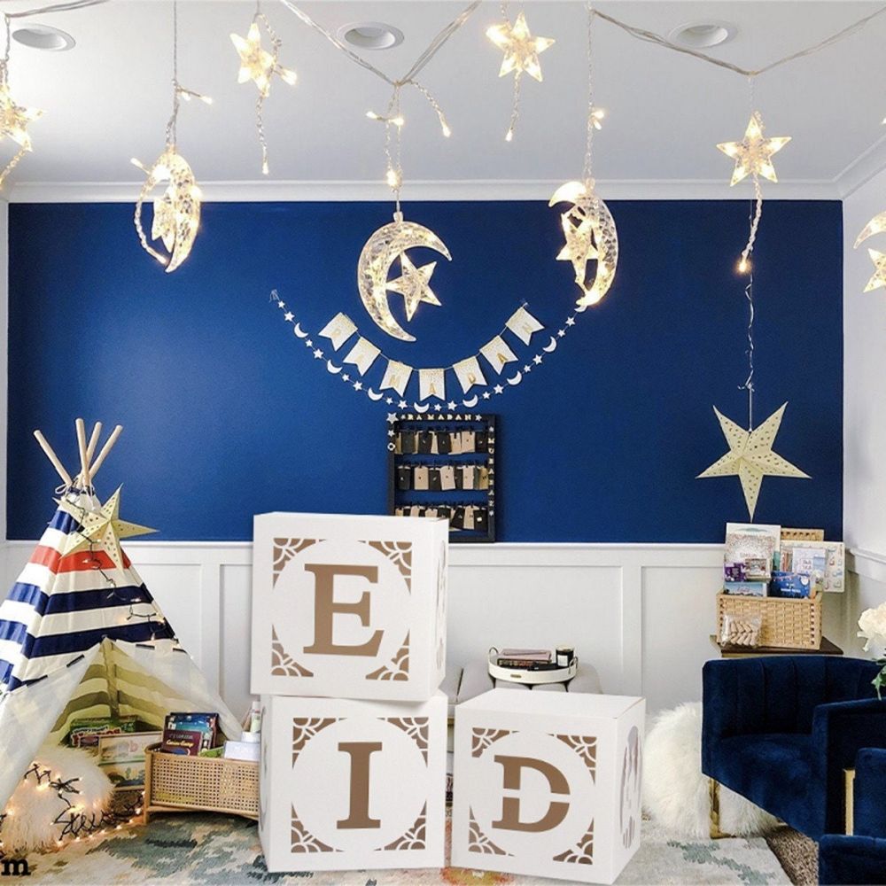 Eid Mubarak Paper Box Centerpieces with Lights for Home Decor