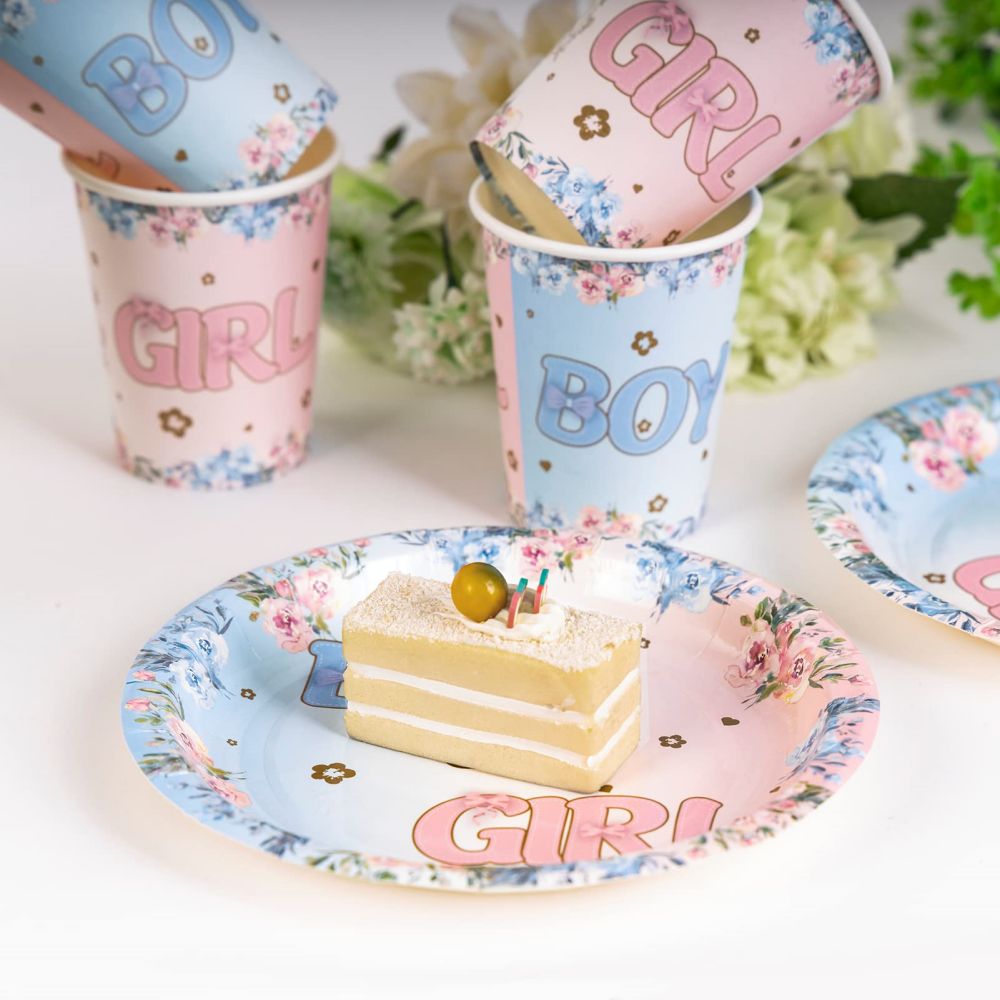 Girl or Boy Party Tableware cups, plates with cake