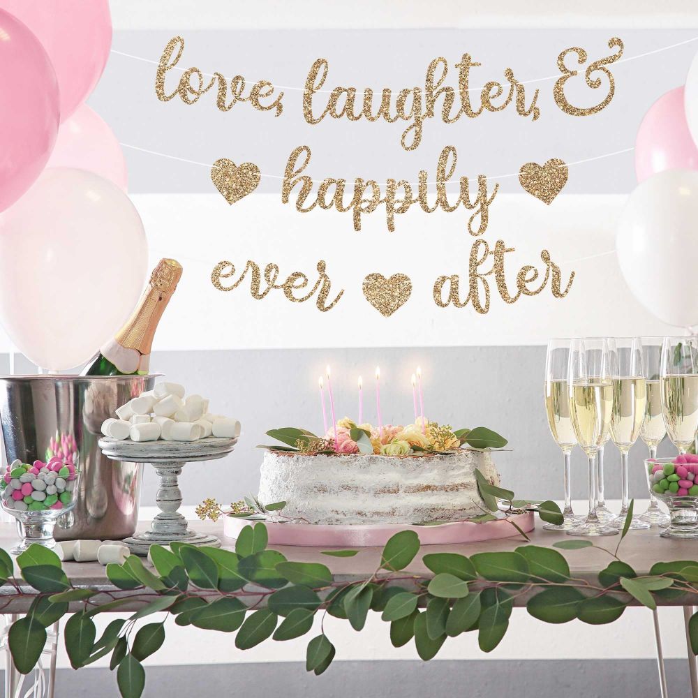 Gold Engagement Party Banner with Balloons and Cake
