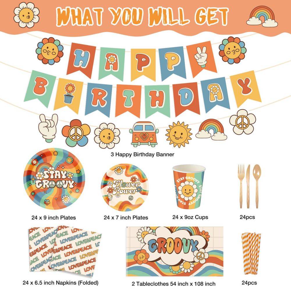 Groovy Party Supplies Birthday Party Decorations Set Size Details