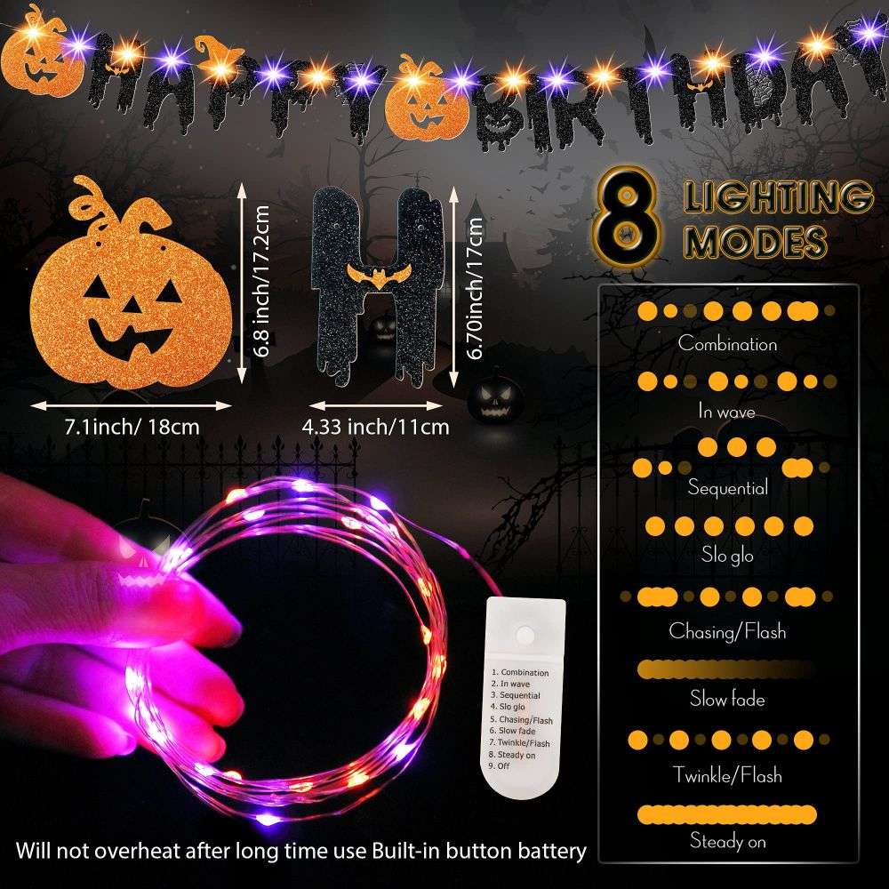 Halloween Party Banner with 8 Modes LED String Lights