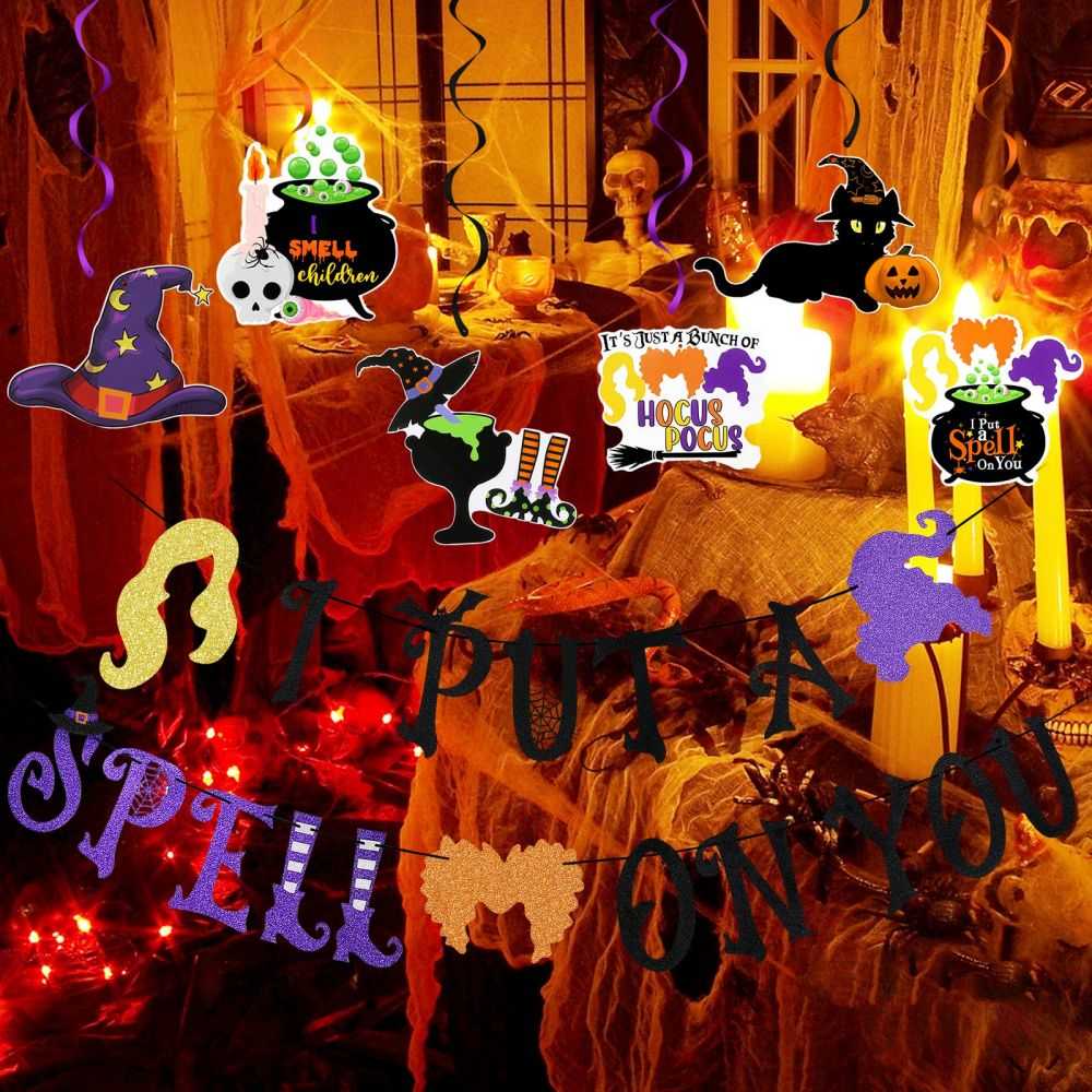 I Put A Spell On You Banner With Hocus Pocus Hanging Swirls Decorations