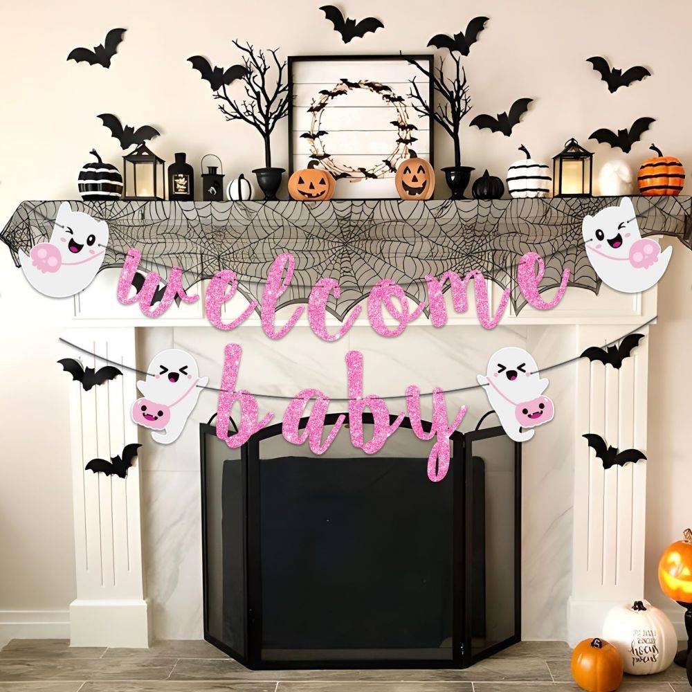 Pink Welcome Baby Halloween Nightmare Party Banner
