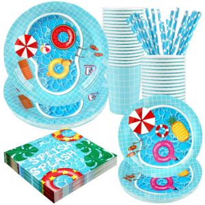 Pool Party Supplies Decorations Disposable Summer Kids Birthday Paper Plates and Napkins Set with Cups and Straws