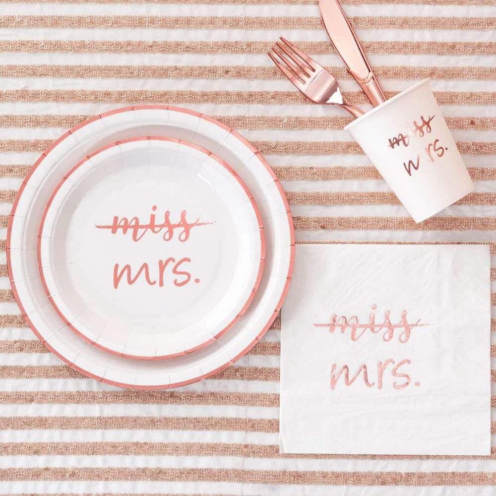 Rose Gold Miss to Mrs Napkins Plates Cups Set