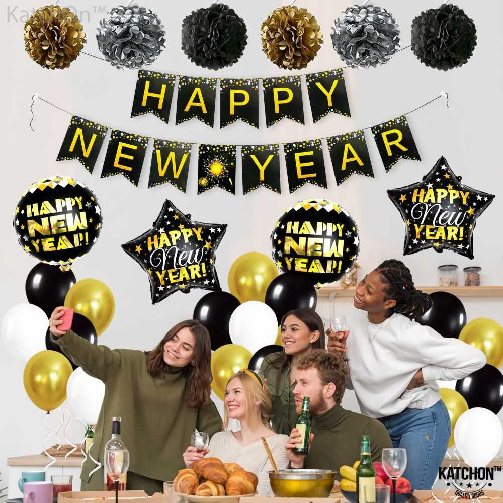 Shiny Gold Happy New Year Decorations for Family Party