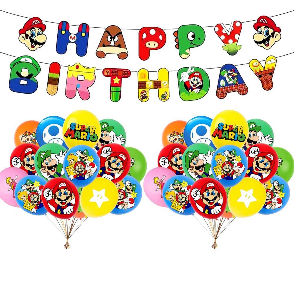 Super Bros Decorations with Birthday Banner and Balloons