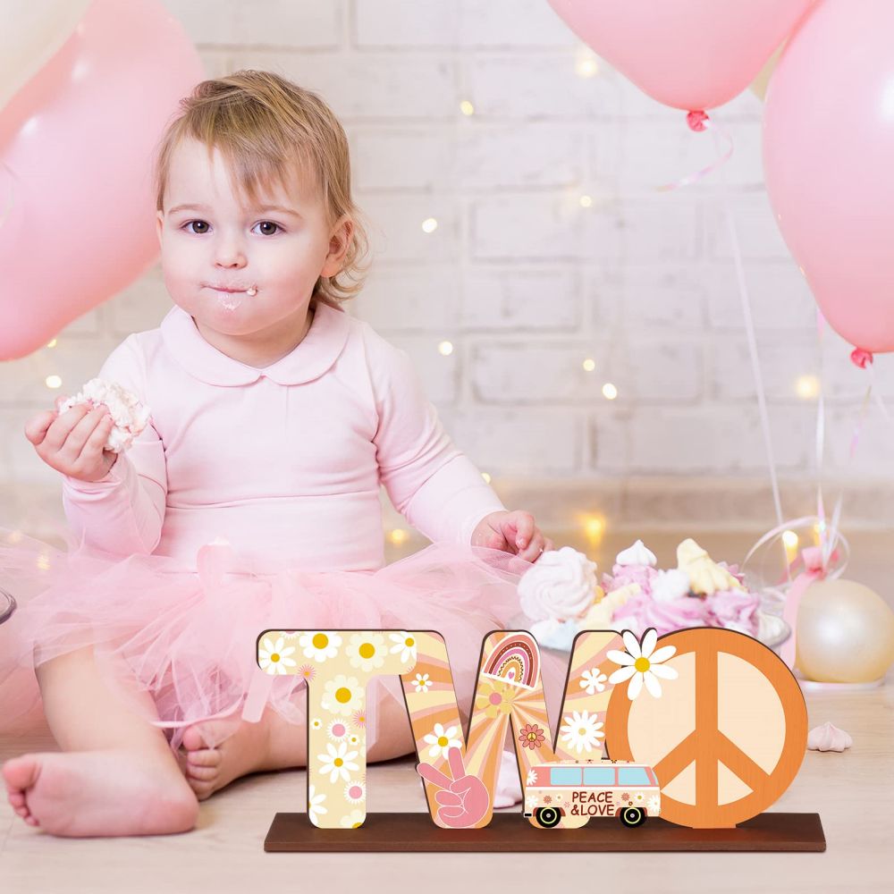 Two Groovy Letter Sign Wooden Centerpiece Party Table Decoration