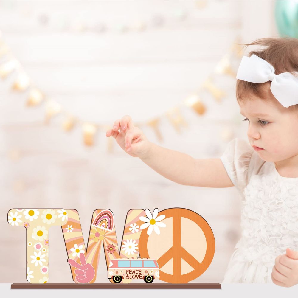 Two Groovy Letter Sign Wooden Centerpiece for Baby