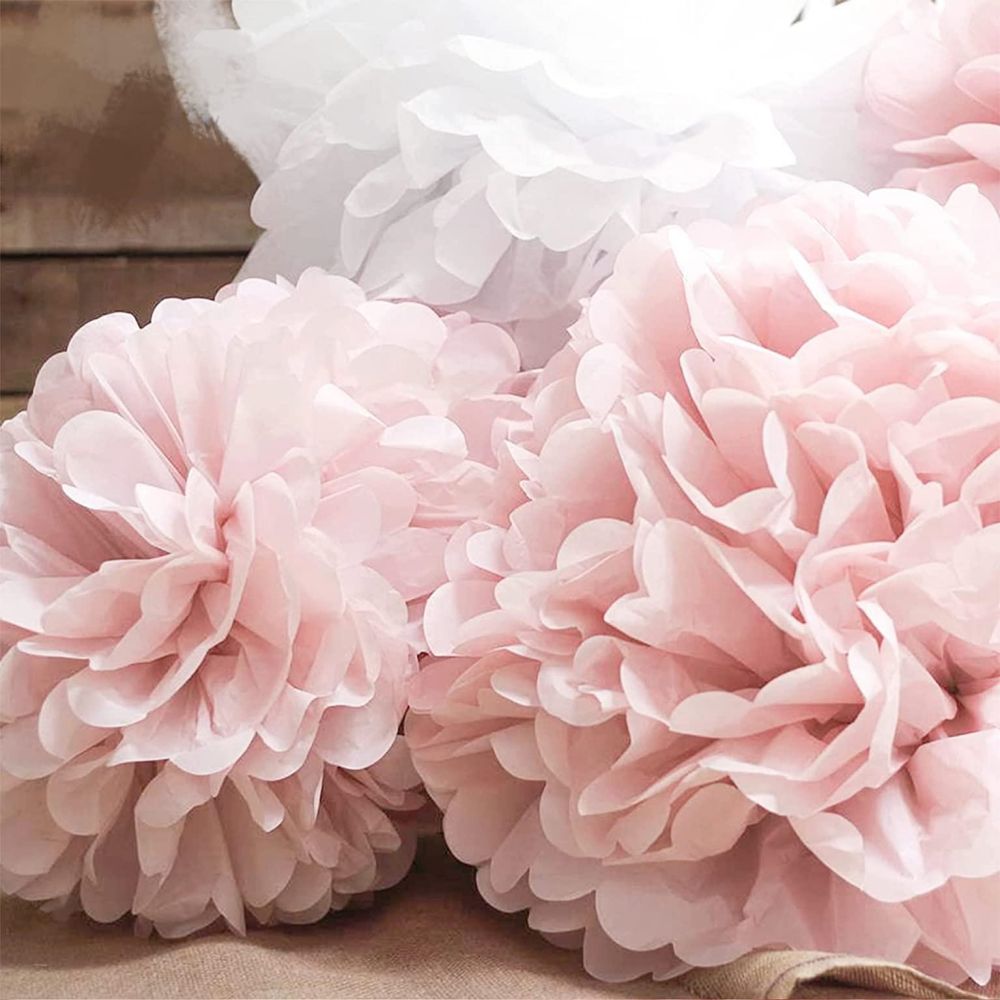 light pink paper flower pompom decorations
