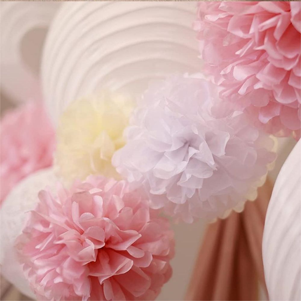 pink white flower pompoms with white paper lanterns
