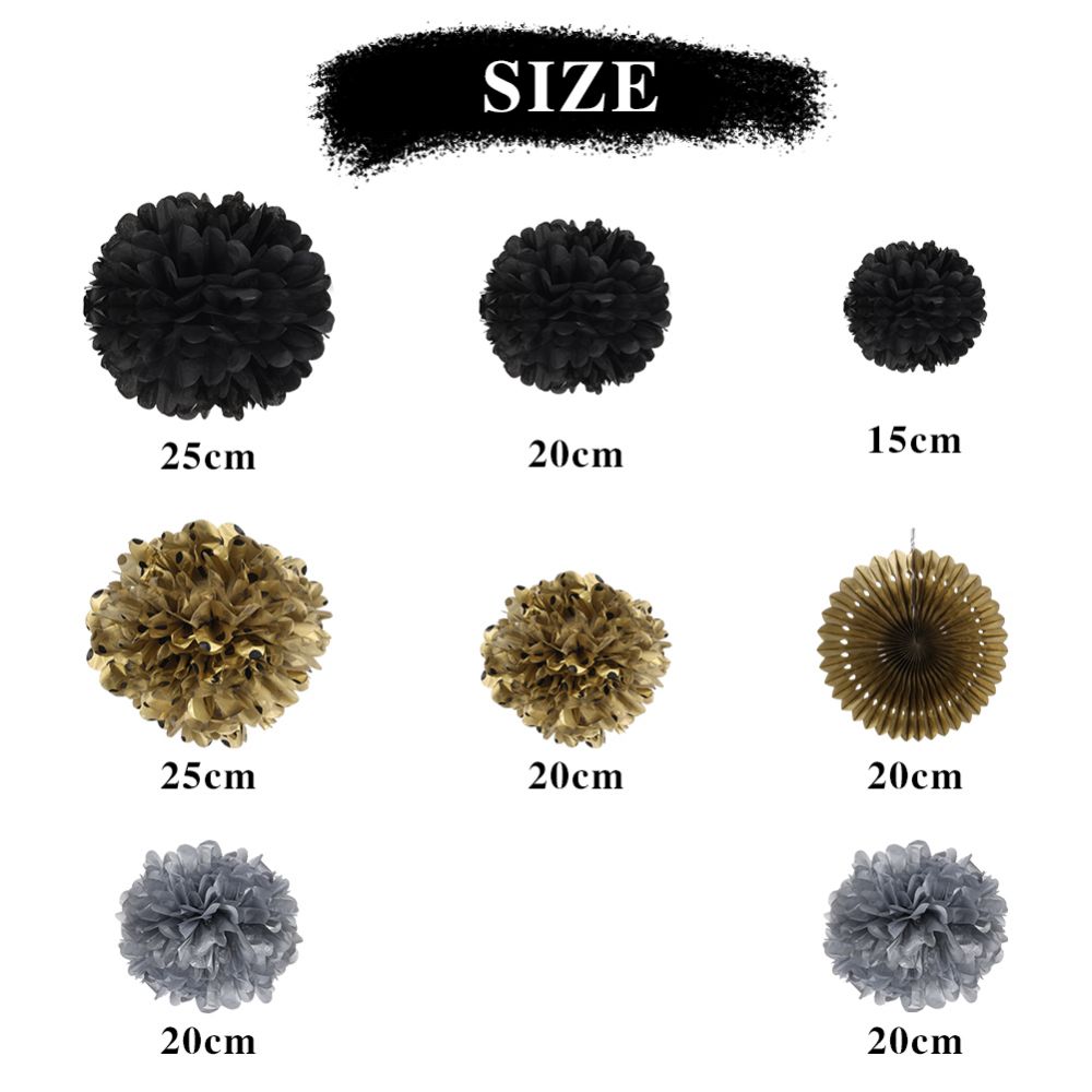 size information about Black Gold Pompoms Gold Paper Fans