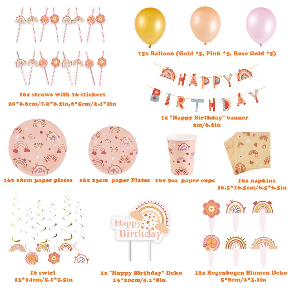 size information about Boho Rainbow Party Supplies Set