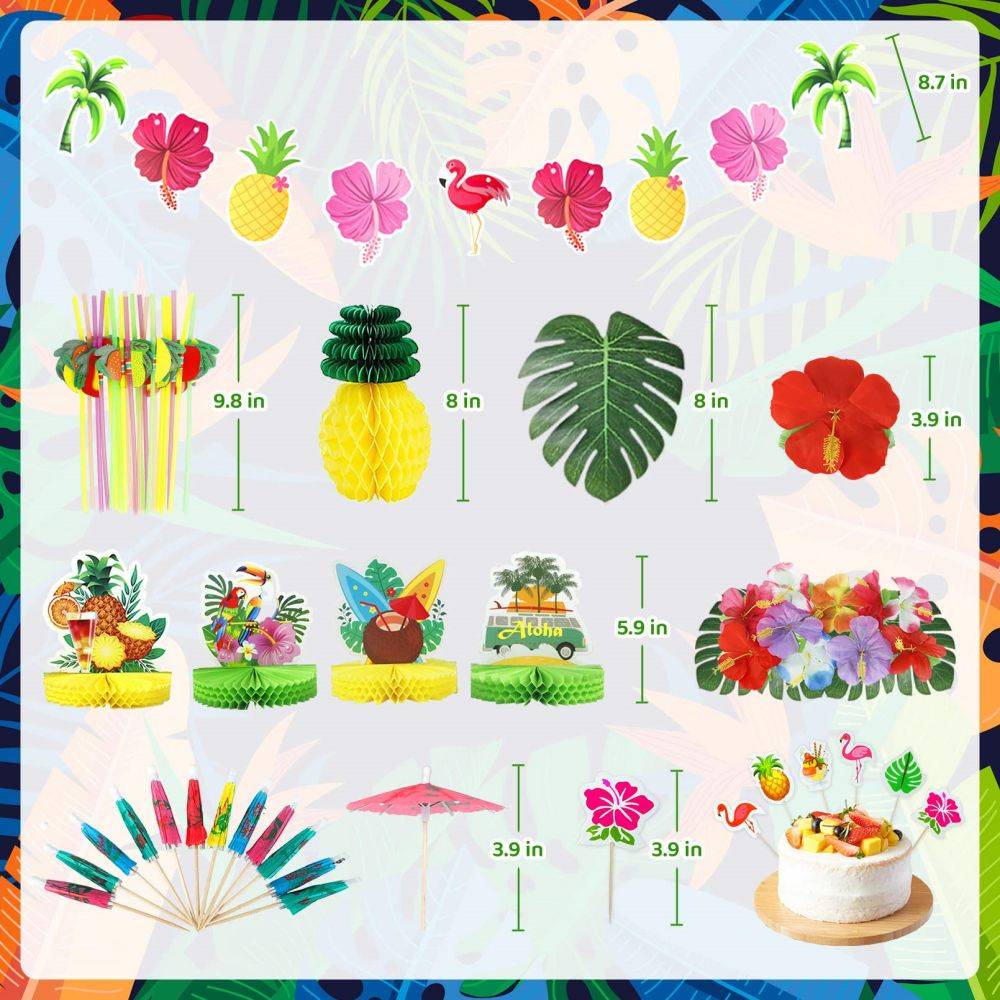 size information about Tropical Aloha Summer Beach luau party decorations