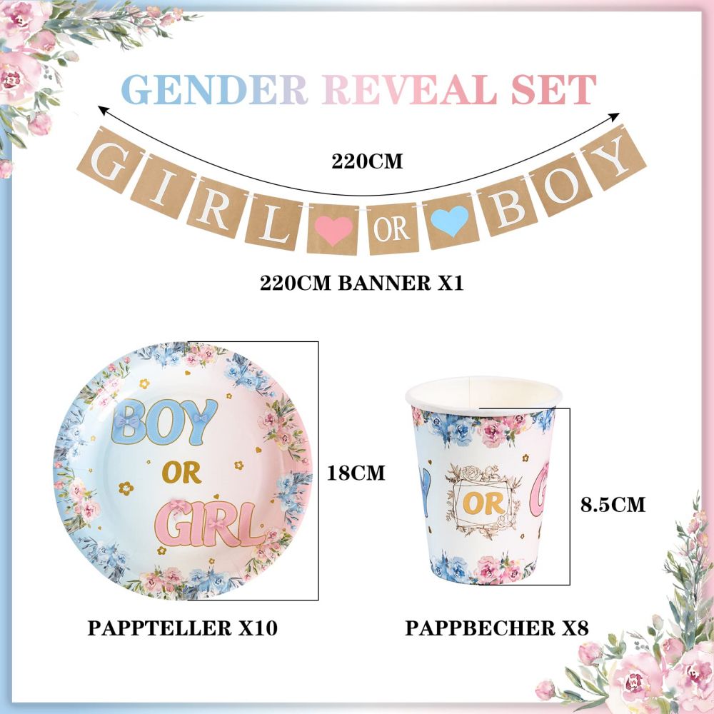 size information about gender reveal plate, cup and banner