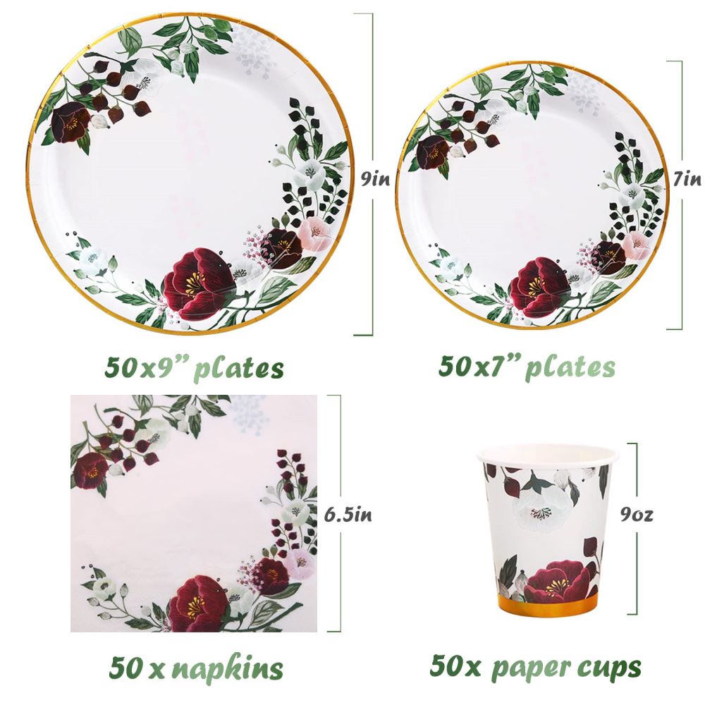 size information about green leaves flower plate cups and napkins