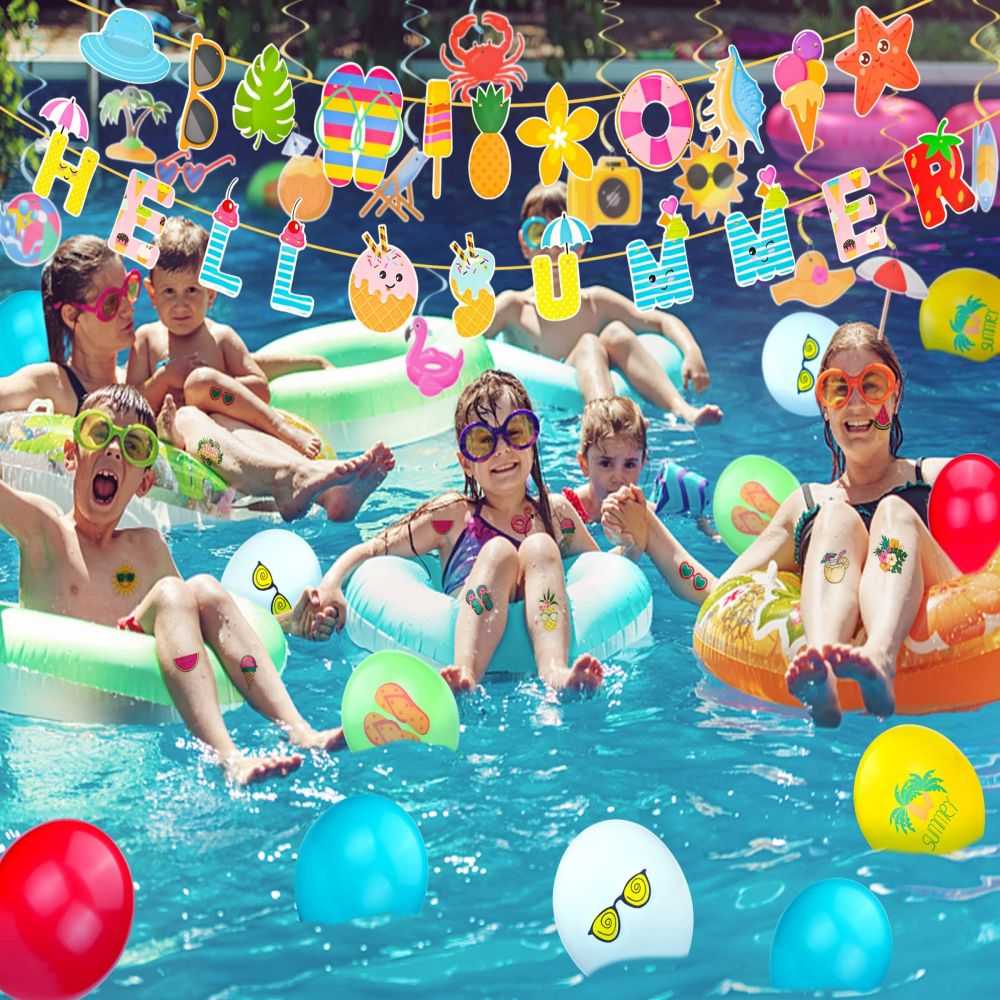 summer themd decorations with banner for pool party games