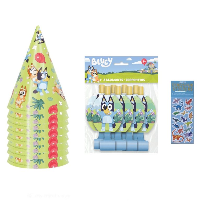 Bluey Party Hats, Blowouts and Dinosaur Sticker Sheet