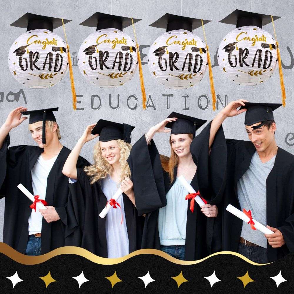 Congrats Black Grad Cap Paper Lanterns for Party