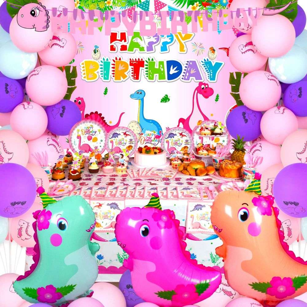 Pink Dinosaur Birthday Party Supplies Include Dinosaur Balloons Backdrop Happy Birthday Banner Tablecloth Tableware Plates