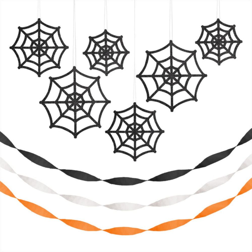 Spider Web Paper Fans Black with Crepe Paper
