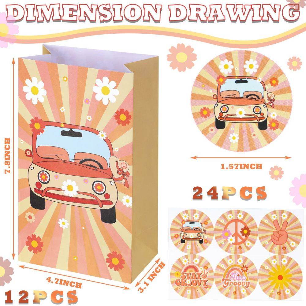Two Groovy Boho Hippie Party Favors Bags with Stickers size information