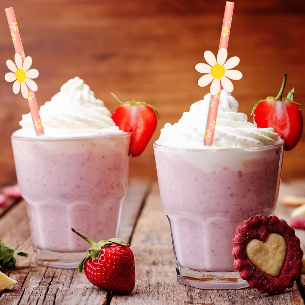 Two Groovy Flower Floral Pink Paper Straws