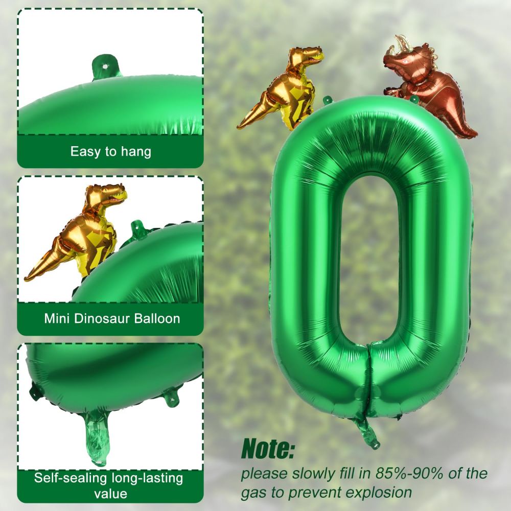 details for number 0 and mini dinosaur foil balloons
