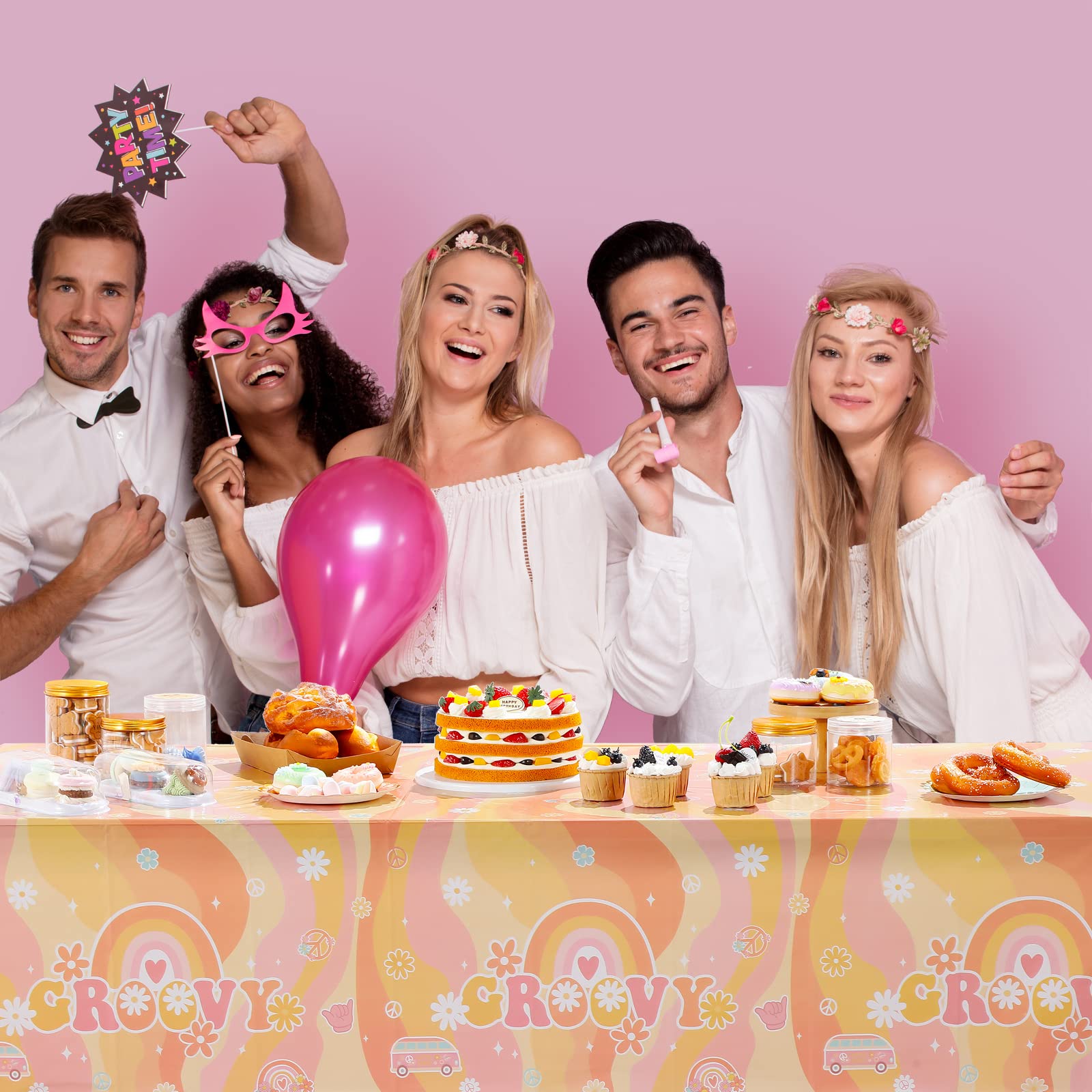 groovy party decorations tablecloth with party photo booth prop